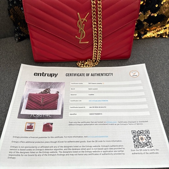 Yves Saint Laurent Red Chevron Leather Wallet on Chain - Picture 13 of 13